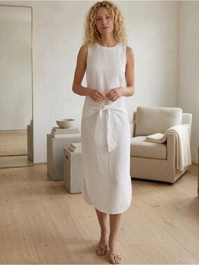 Elegant Three Dots Size Large  White Linen Sleeveless Dress with Tie